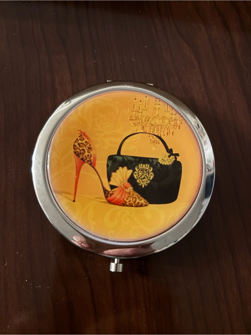 Compact Round Key Mirror - Yellow Leopard Heel & Handbag Design